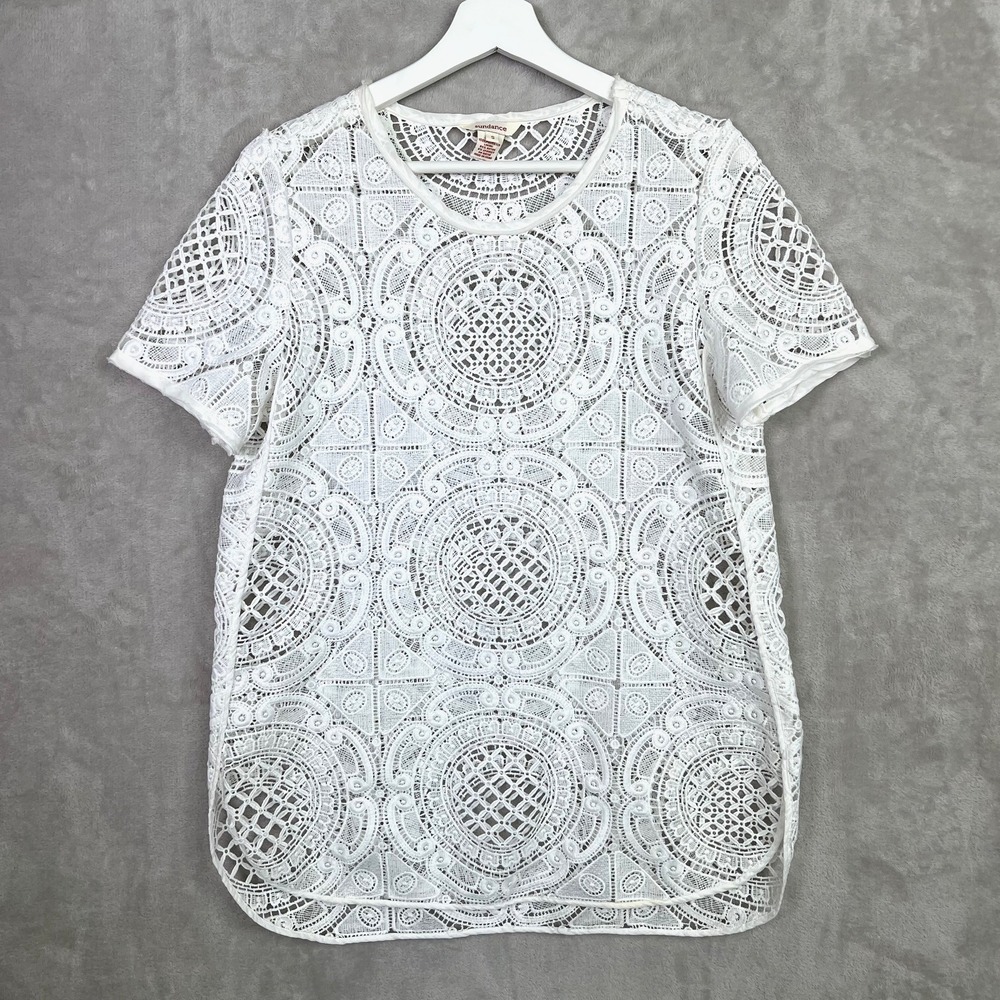 Sundance S White Boho Crochet Lace Sheer Top Short Sleeve Festival Cottagecore